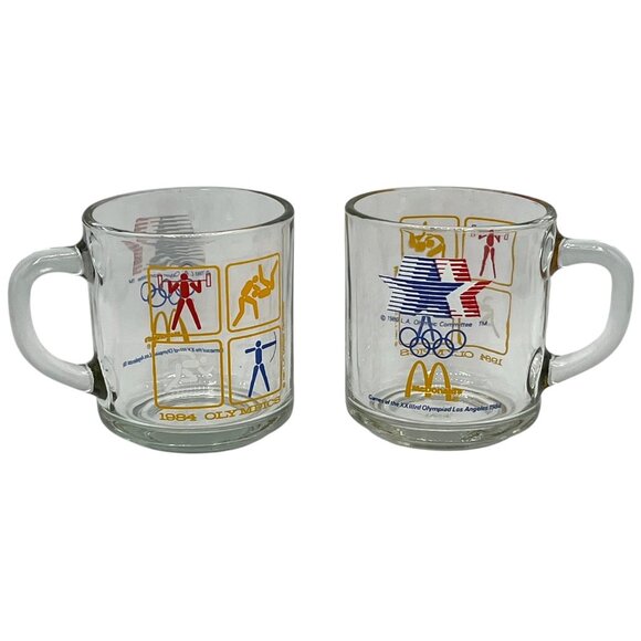 Pair of 1984 McDonalds Olympic Glass Mugs LA Olympic Committee Logo Sports Icons - Picture 1 of 8